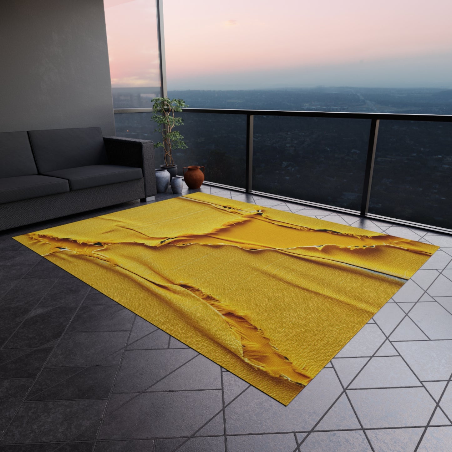 Banana Yellow Lemon: Bold Distressed, Denim-Inspired Fabric - Outdoor Rug