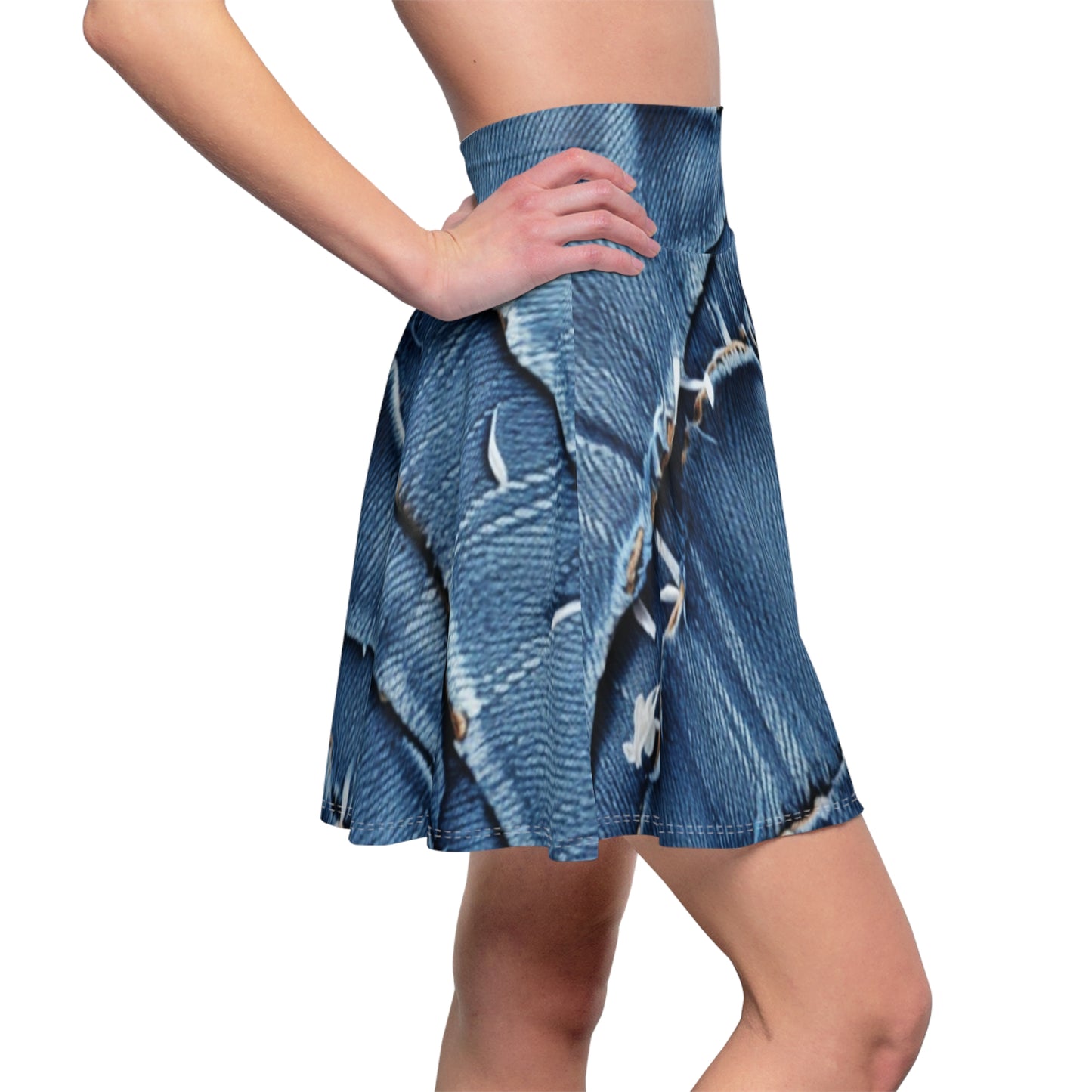 Midnight Blue Distressed Denim: Rugged, Torn & Stylish Design - Women's Skater Skirt (AOP)