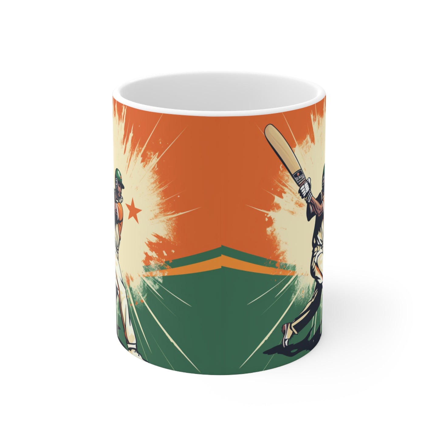 India Cricket Star: Batsman With Willow Bat, National Flag Style - Sport Game - Ceramic Mug 11oz