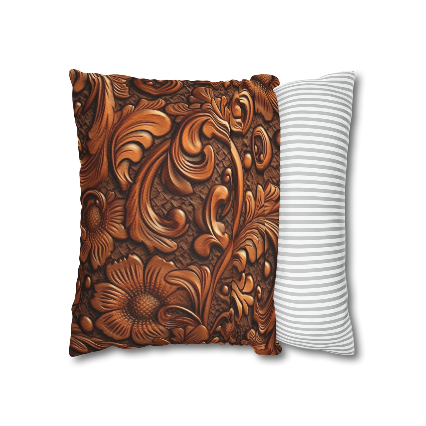 Leather Flower Cognac Classic Brown Timeless American Cowboy Design - Spun Polyester Square Pillow Case