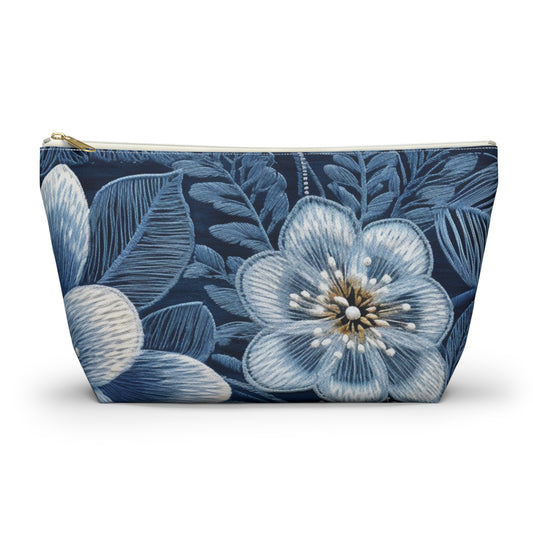 Flower Blossom Embroidery Floral on Denim Style - Accessory Pouch w T-bottom