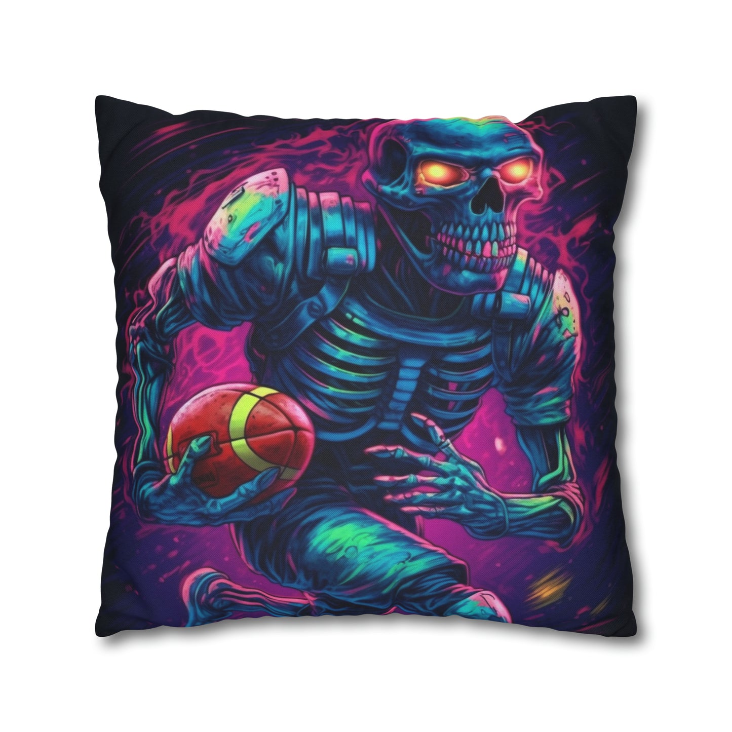 Spooky Football Game: Fantasy Skeleton Athlete Running with Ball, Sporty Halloween - Spun Polyester Square Pillow Case