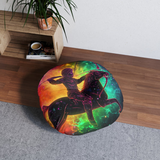 Colorful Sagittarius Zodiac Sign - Star Universe Theme - Tufted Floor Pillow, Round