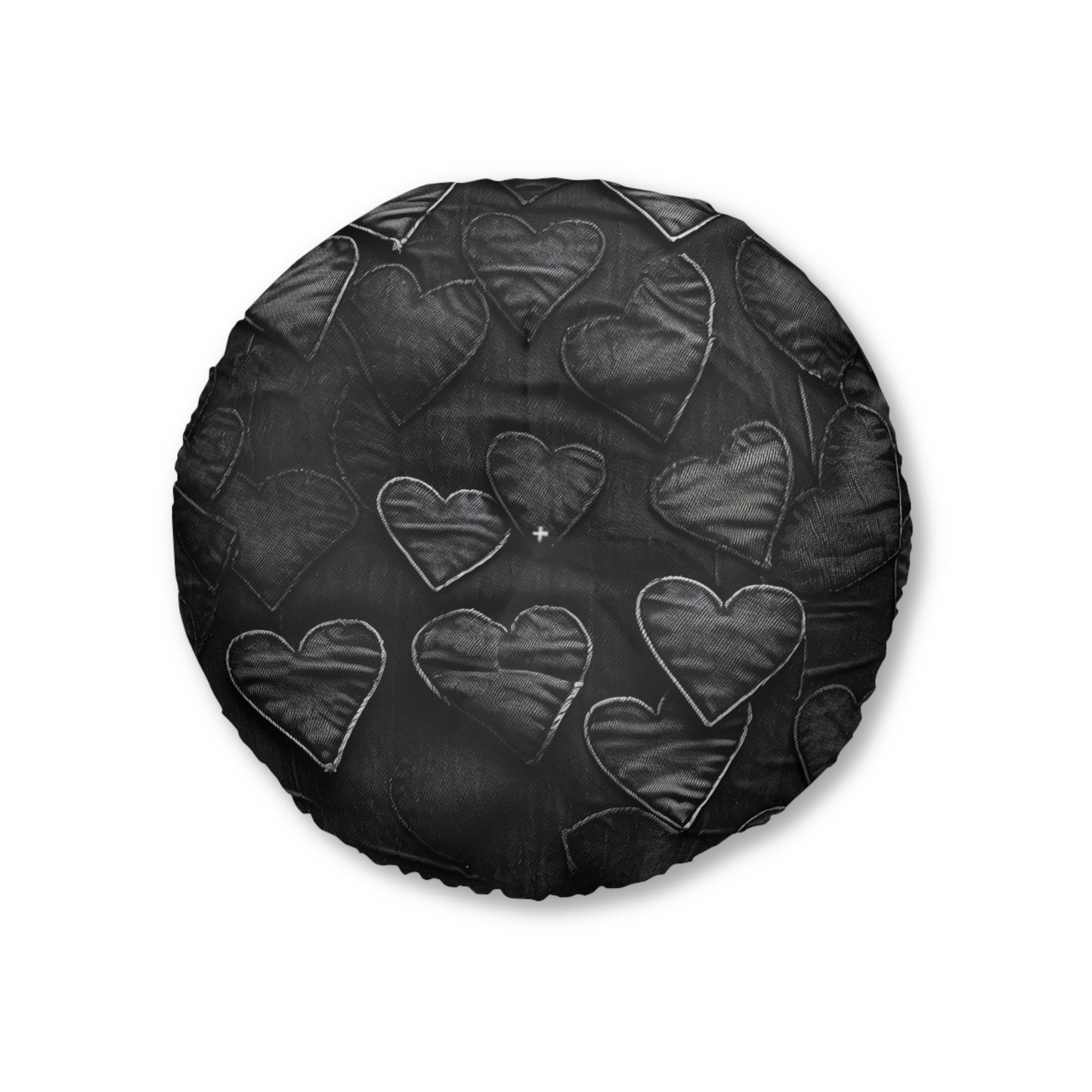 Black: Distressed Denim-Inspired Fabric Heart Embroidery Design - Tufted Floor Pillow, Round