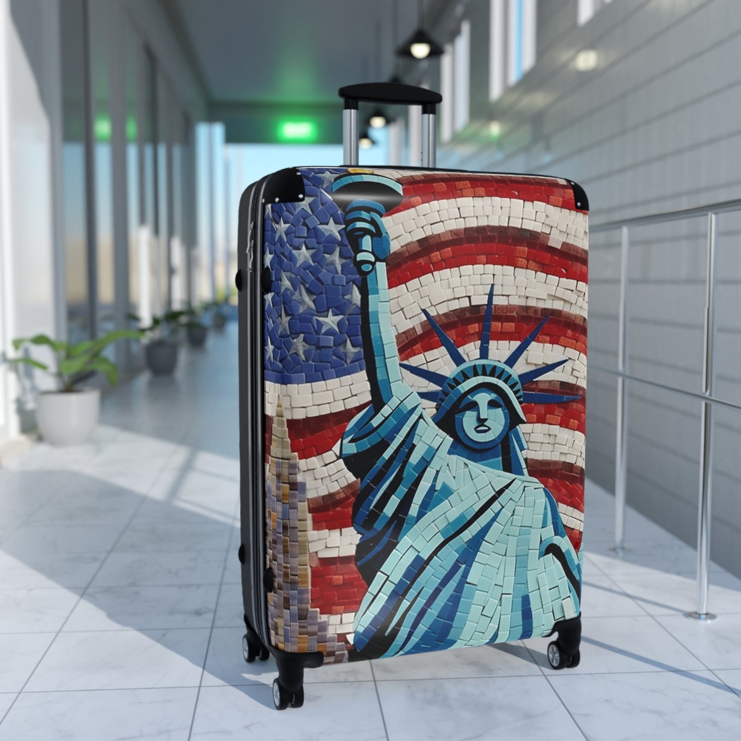 Patriotic Mosaic Artwork, Liberty Statue with Flag, Emblematic Freedom, Independence Day Mural, National Pride Abstract Tilework - Suitcase