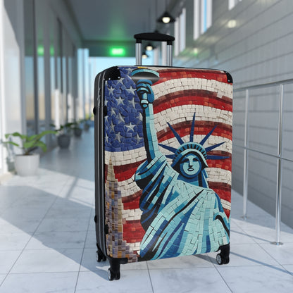 Patriotic Mosaic Artwork, Liberty Statue with Flag, Emblematic Freedom, Independence Day Mural, National Pride Abstract Tilework - Suitcase