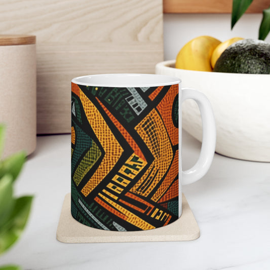 Textil de adorno africano estilo años 1960-1970 - Patrón atrevido e intrincado - Taza de cerámica de 11 oz