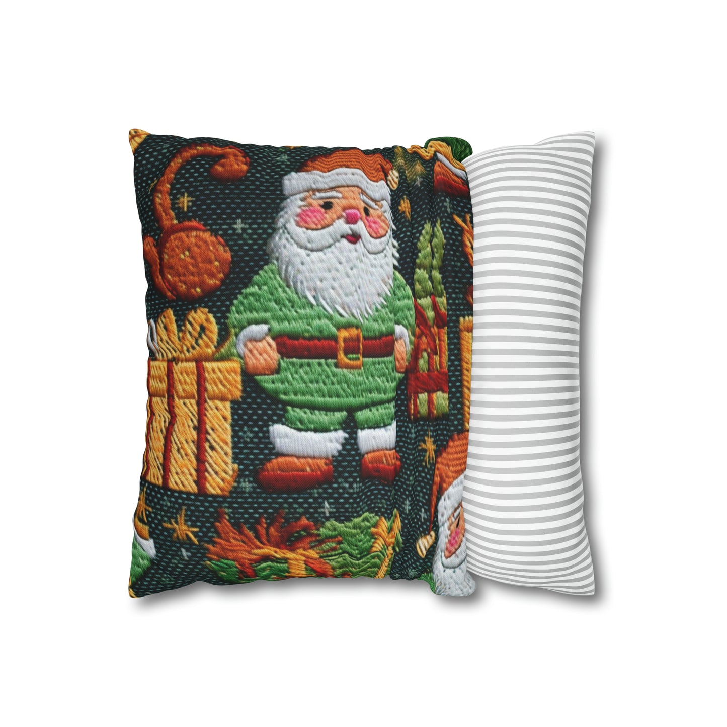 Papá Noel navideño - Regalos bordados - País de las maravillas invernal festivo - Diseño Deck the Halls - Funda de almohada cuadrada de poliéster hilado 