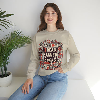 I Read Banned Books - Timeless Floral Bookshelf Illustration - Unisex Heavy Blend™ Crewneck Sweatshirt