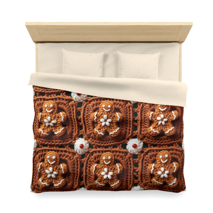 Gingerbread Man Crochet, Classic Christmas Cookie Design, Festive Yuletide Craft. Holiday Decor - Microfiber Duvet Cover