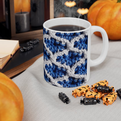 Blueberry Blue Crochet, White Accents, Classic Textured Pattern - Ceramic Mug 11oz