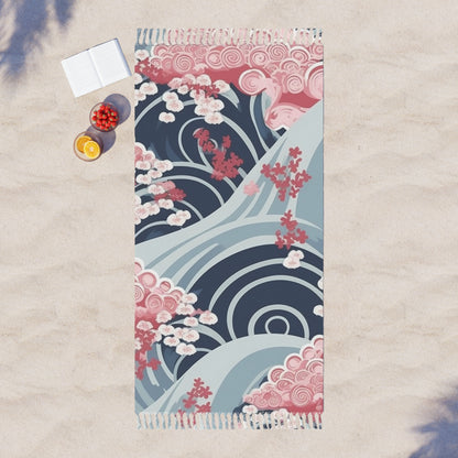 Tela De Playa Boho con estampado de flores de cerezo y ondas minimalistas japonesas