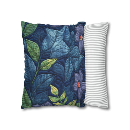 Floral Embroidery Blue: Denim-Inspired, Artisan-Crafted Flower Design - Spun Polyester Square Pillow Case