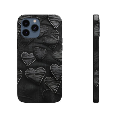 Black: Distressed Denim-Inspired Fabric Heart Embroidery Design - Tough Phone Cases