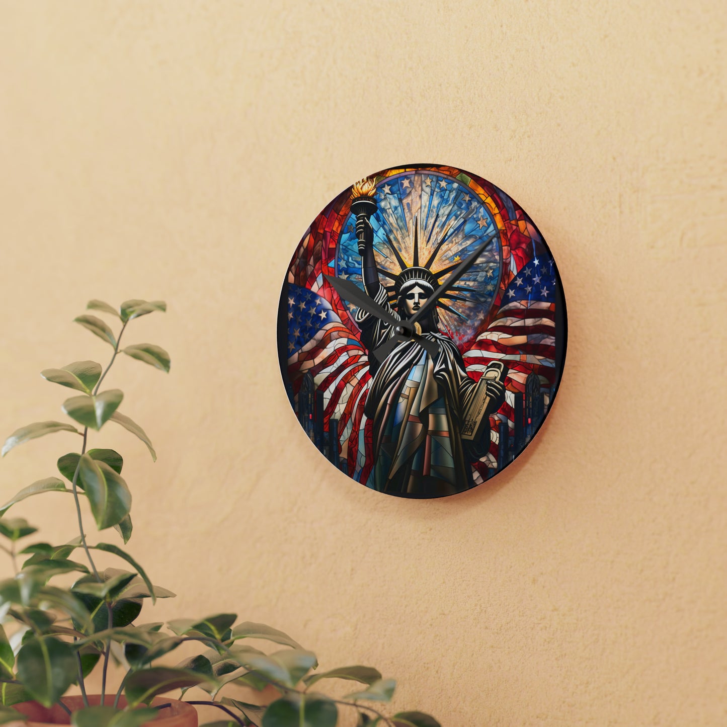 Stained Glass Statue Of Liberty USA, American Design - Acrylic Wall Clock