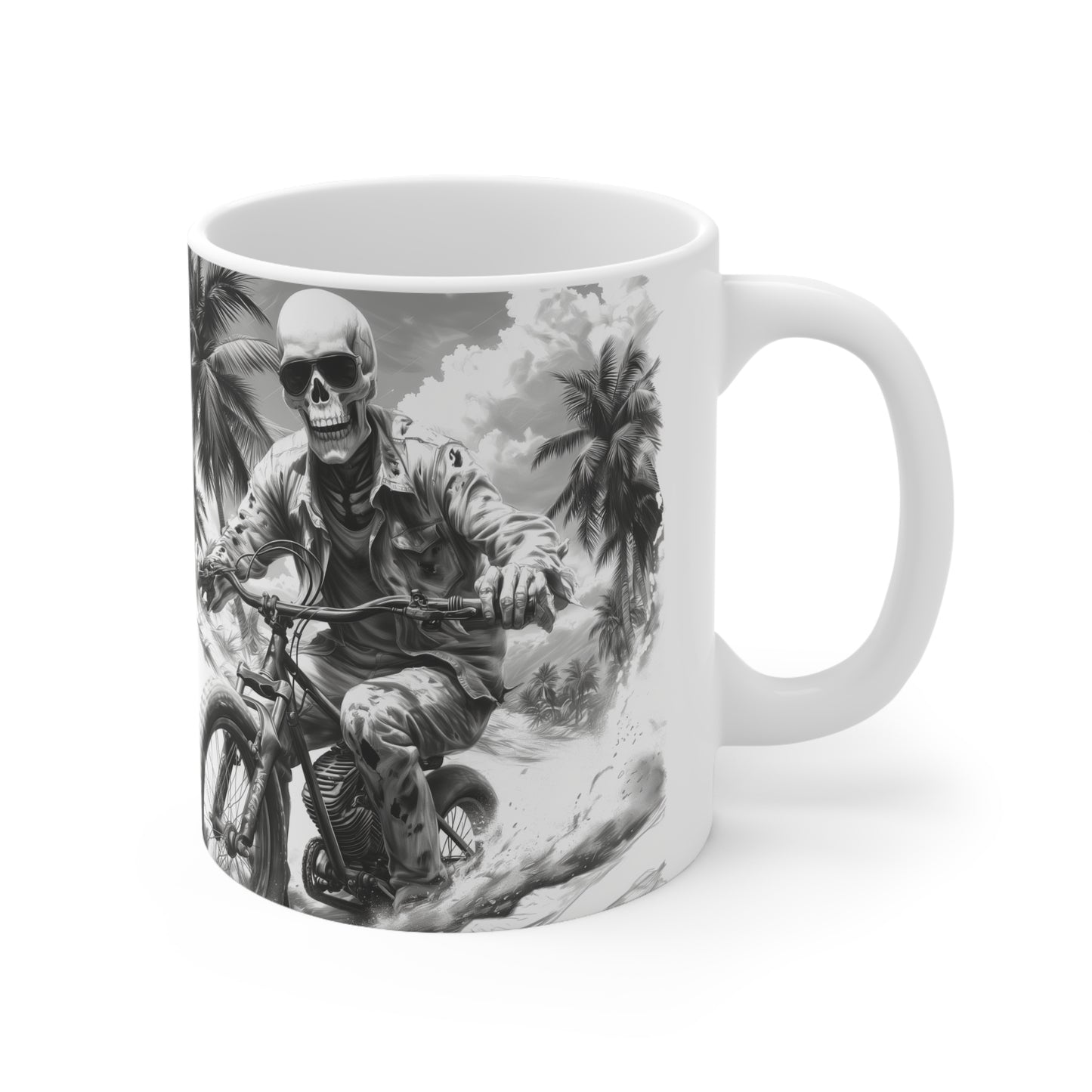 Esqueleto de motociclista con gafas de sol, montando Sunset Boulevard en motocicleta de California, taza de cerámica de 11 oz