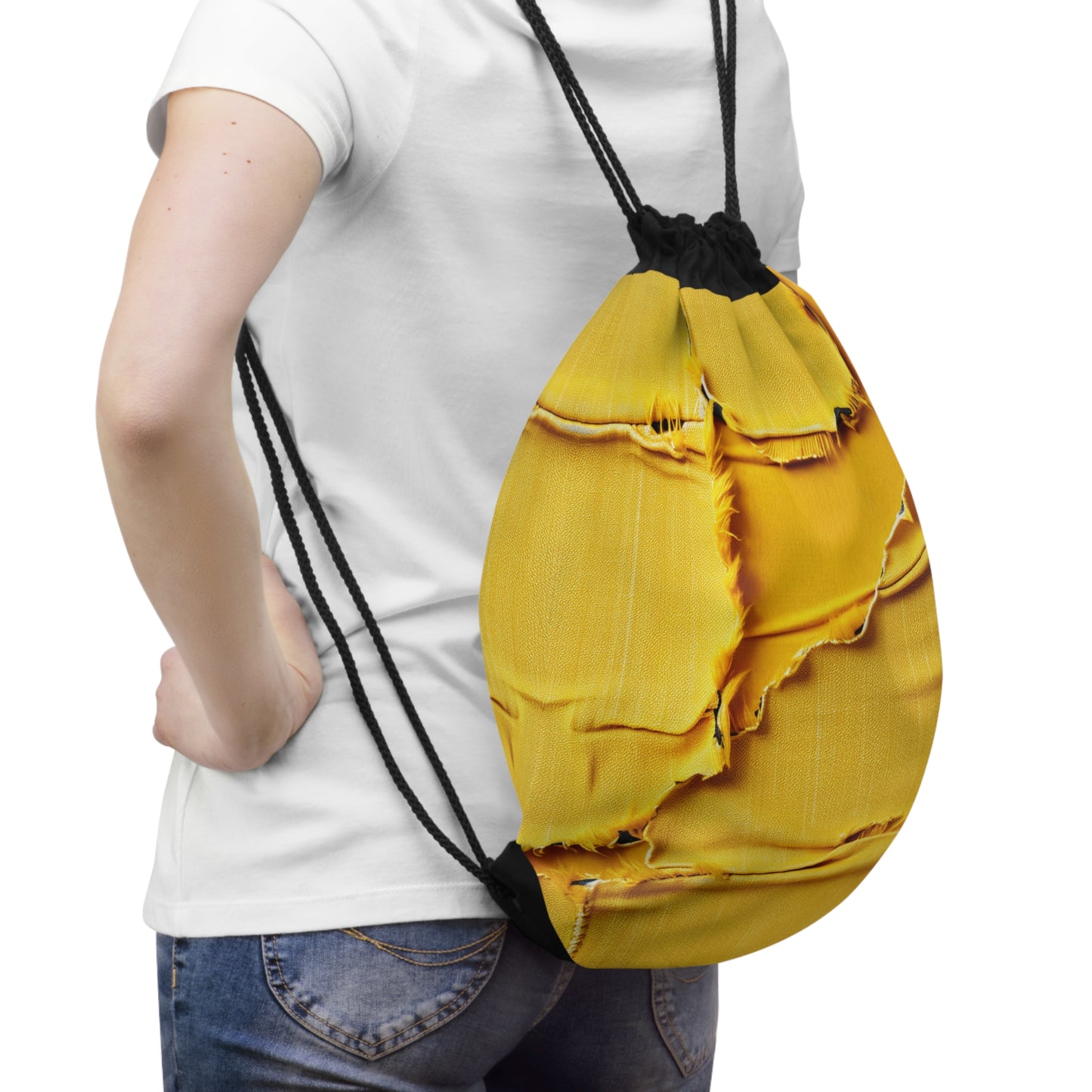 Banana Yellow Lemon: Bold Distressed, Denim-Inspired Fabric - Drawstring Bag