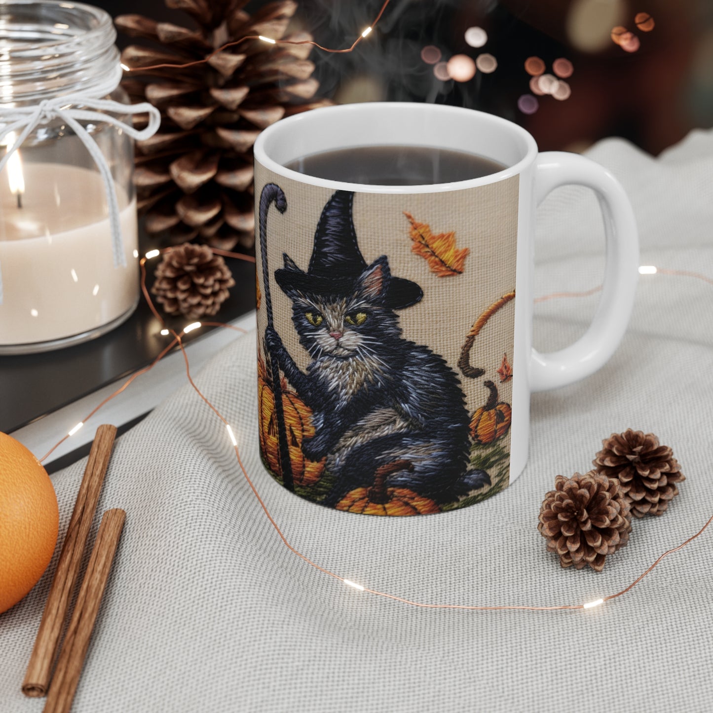 Halloween Cat Magic: Embroidered Style Feline with Pumpkins & Witch Hat - Ceramic Mug 11oz