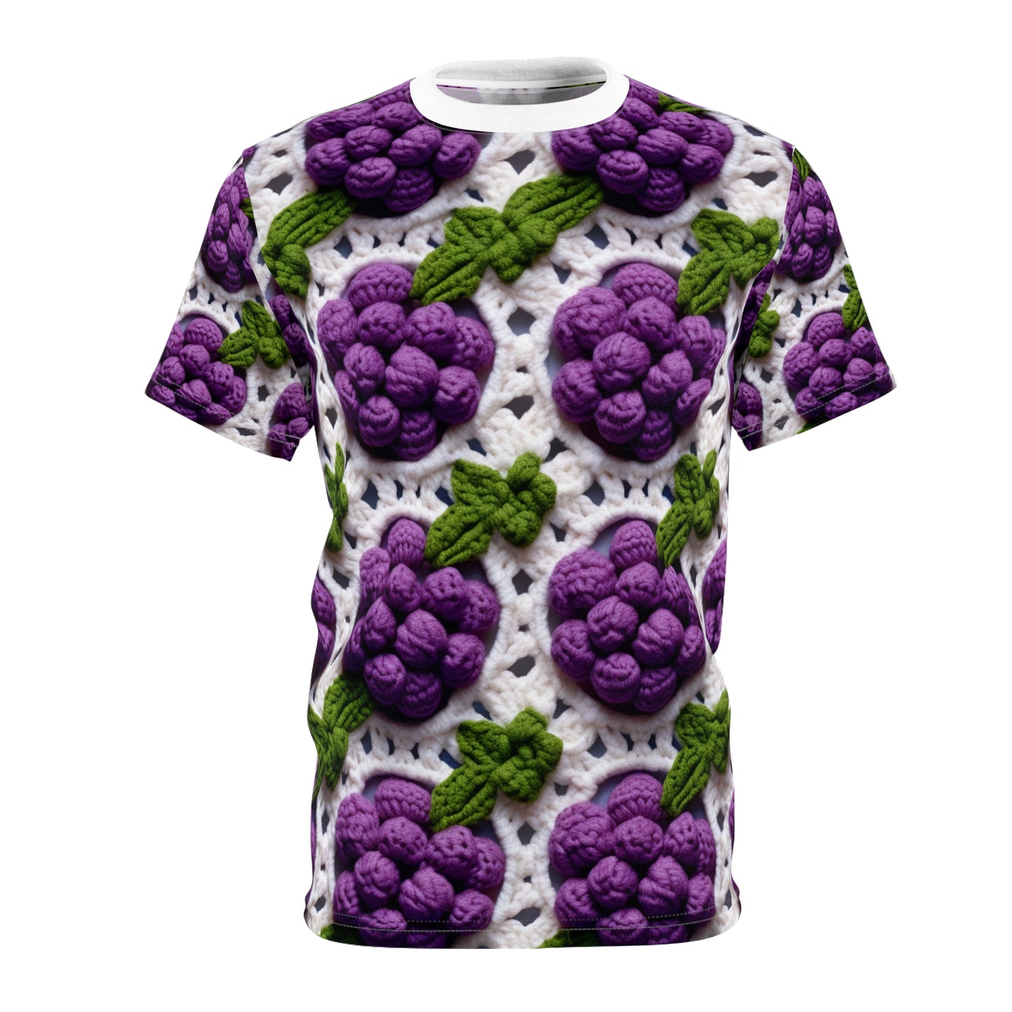 Crochet Grapes Pattern - Granny Square Design - Fresh Fruit Pick - Orchard Purple Snack Food - Unisex Cut & Sew Tee (AOP)