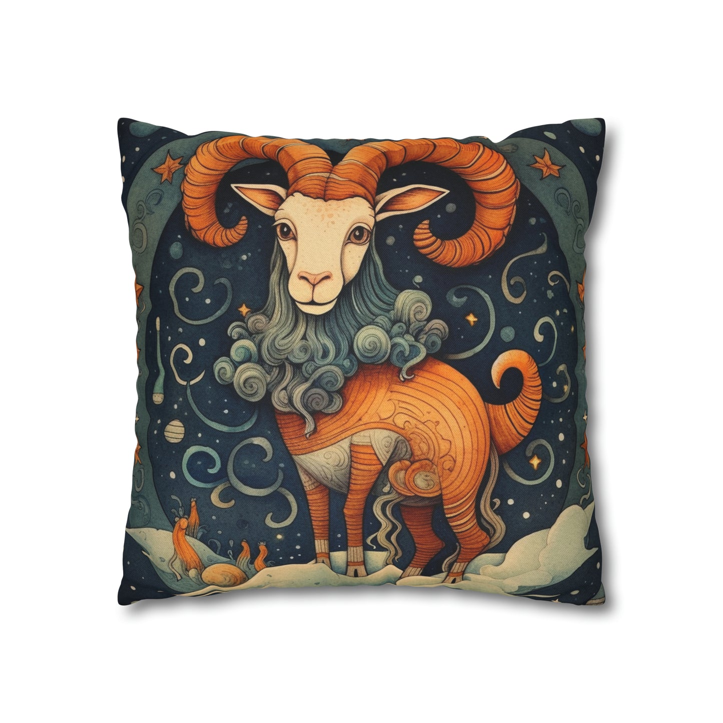 Diseño humorístico del estilo del libro infantil del zodiaco de Capricornio - Funda de almohada cuadrada de poliéster hilado 