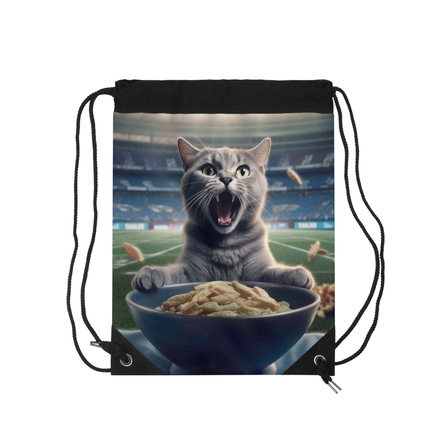 Halftime Football Feline: Screaming Sports Fan Cat Stadium Food Kitten - Drawstring Bag