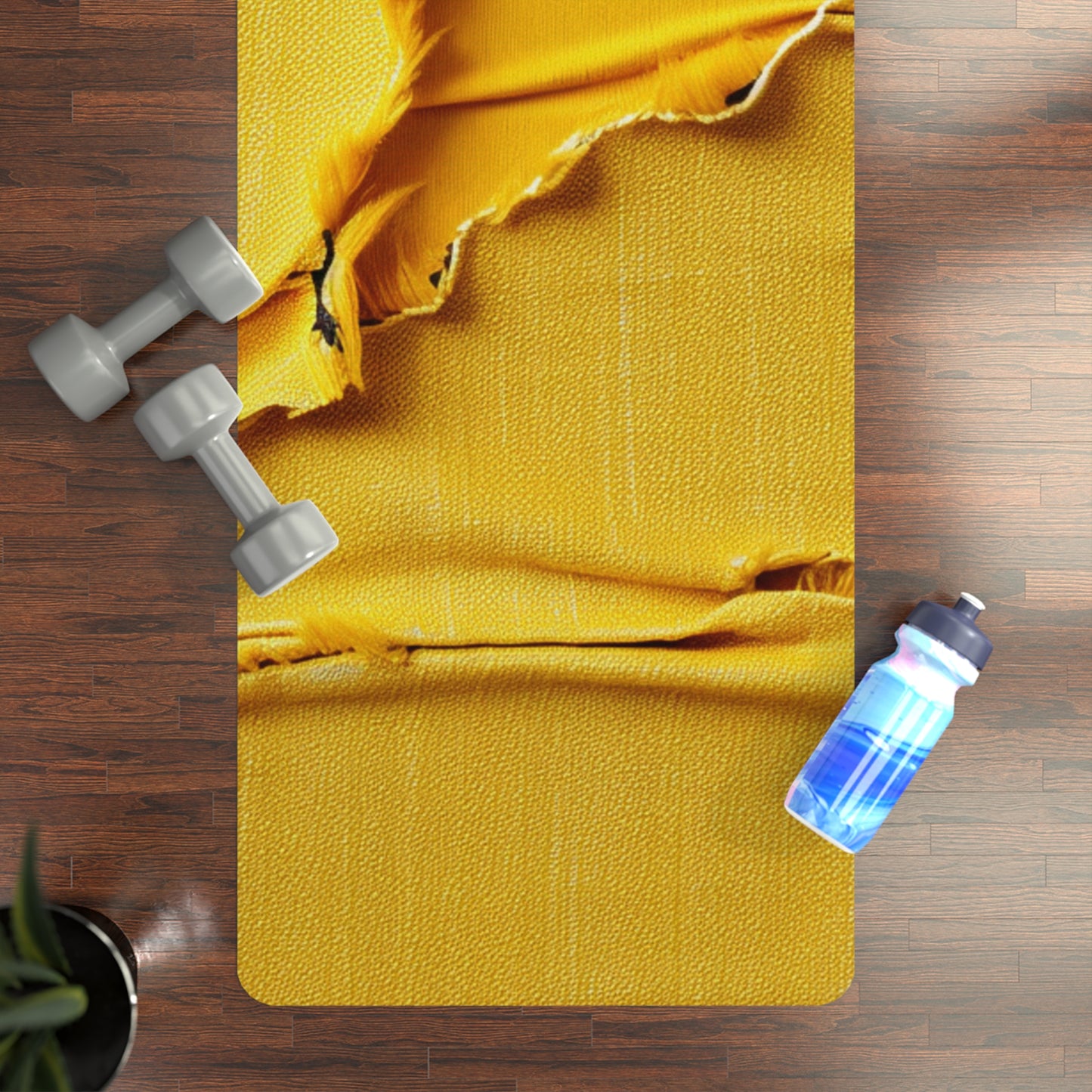 Banana Yellow Lemon: Bold Distressed, Denim-Inspired Fabric - Rubber Yoga Mat