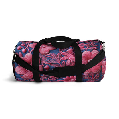 Denim Blue Doll Pink Floral Embroidery Style Fabric Flowers - Duffel Bag