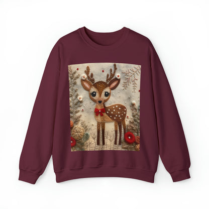 Winter Deer - Style Embroidered Christmas Reindeer, Festive Felt Artwork, Holiday Decor - Unisex Heavy Blend™ Crewneck Sweatshirt