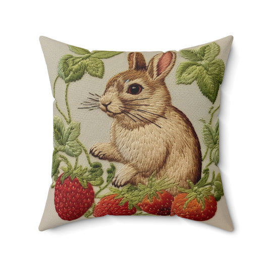 Strawberry Bunny Rabit - Embroidery Style - Strawberries Fruit Munchies - Easter Gift - Spun Polyester Square Pillow
