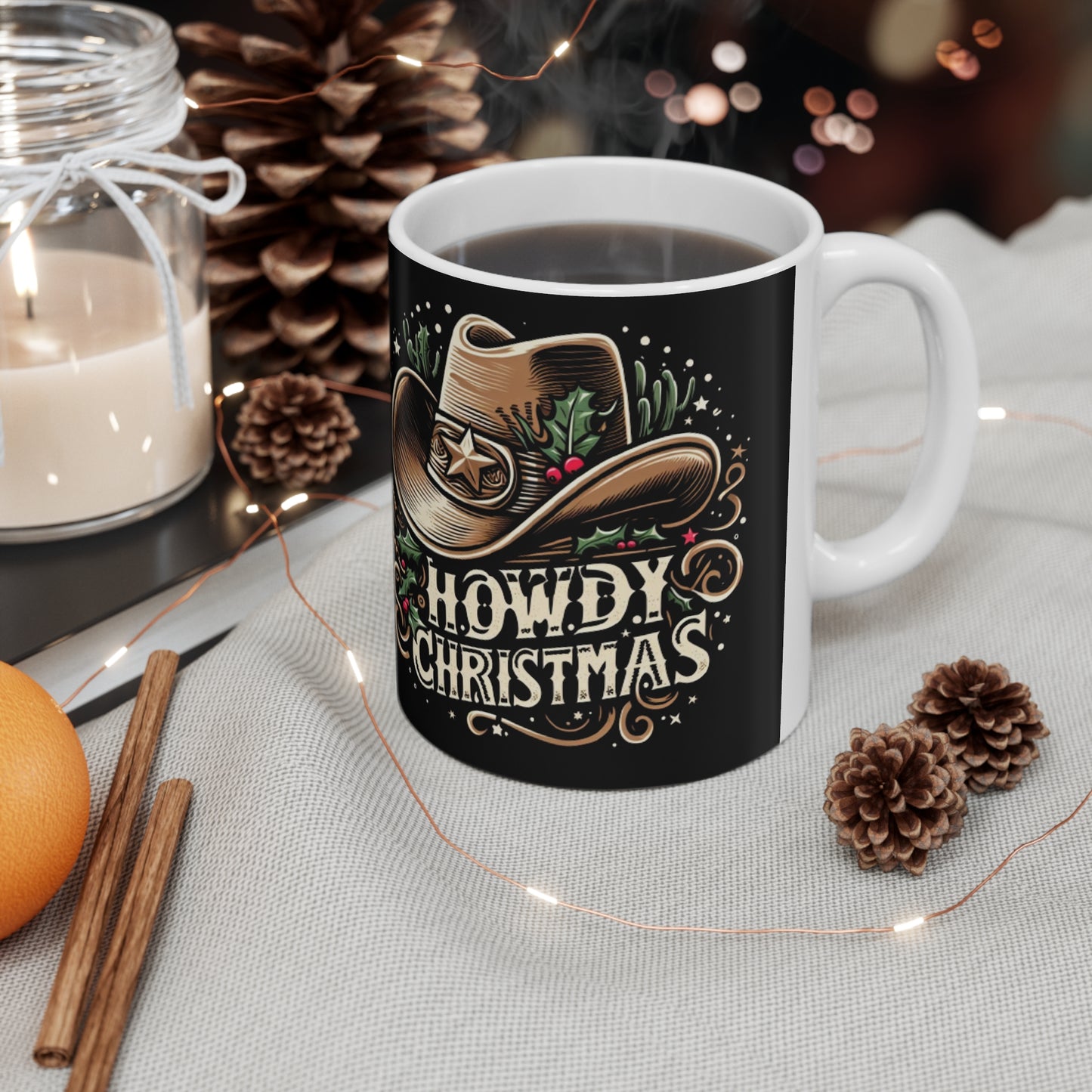 Espíritu navideño vaquero - Saludos navideños occidentales con acebo y estrellas - Taza de cerámica de 11 oz