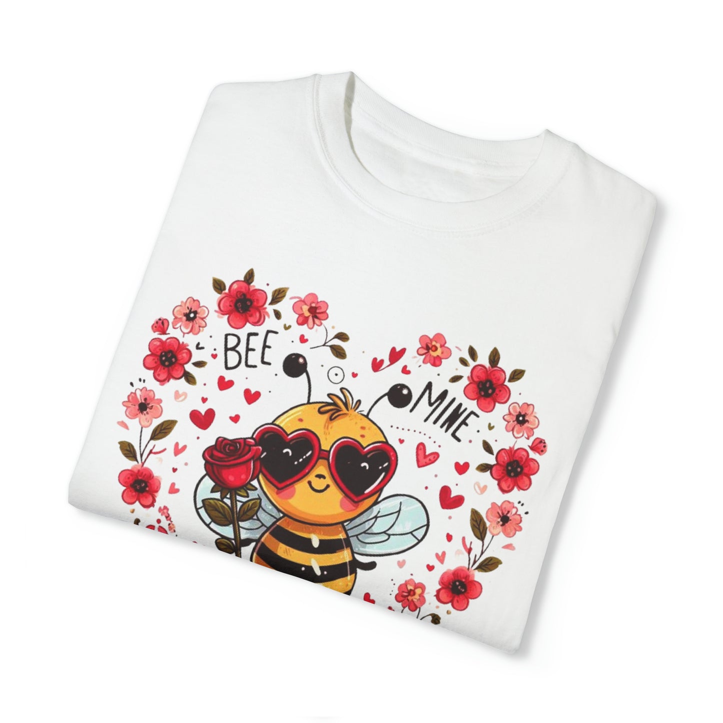 Whimsical Bee Love: Heartfelt Valentines Design with Floral Accents and Heart Sunglasses - Unisex Garment-Dyed T-shirt