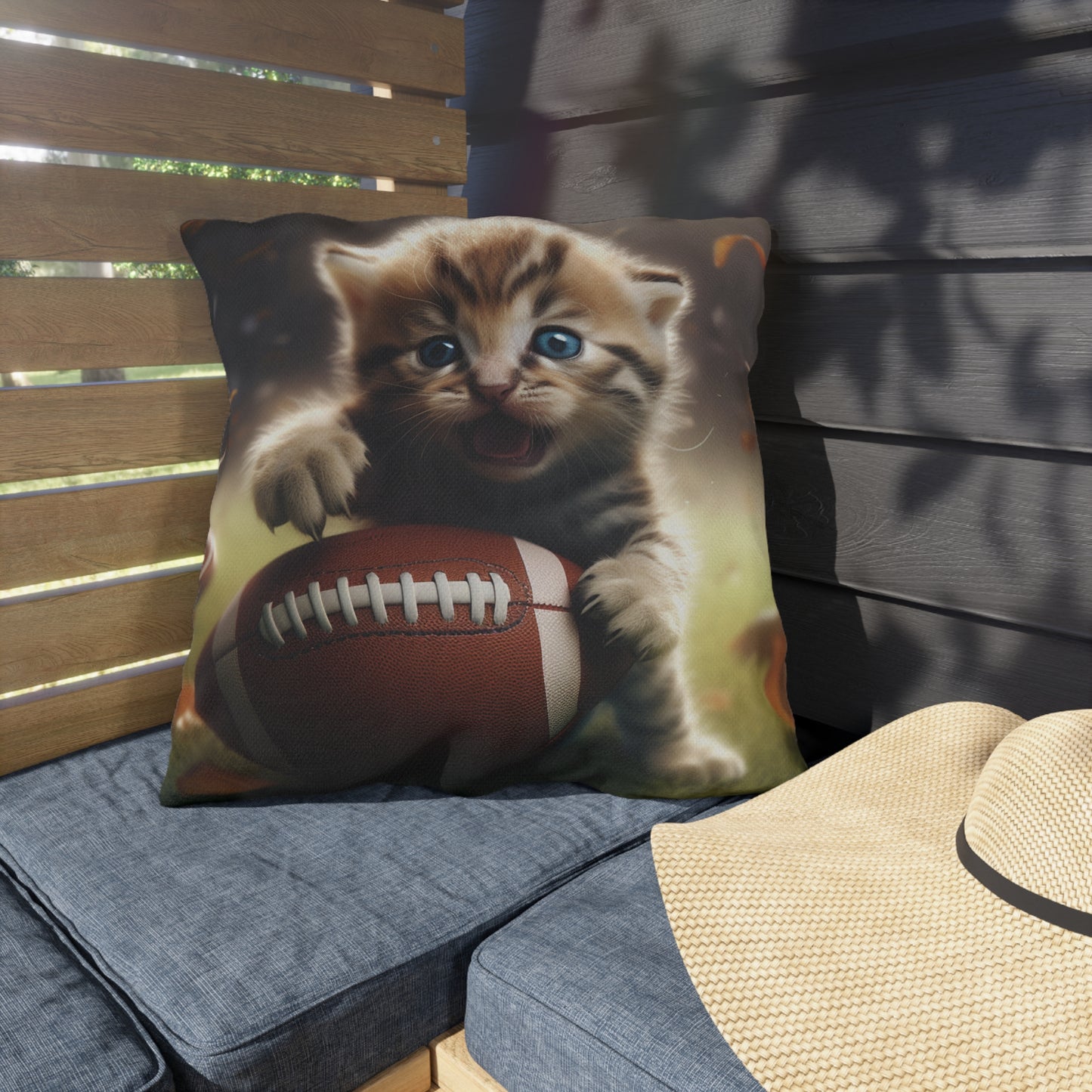 Football Kitten Touchdown: Tabby's Winning Play Sport Game - Outdoor Pillows