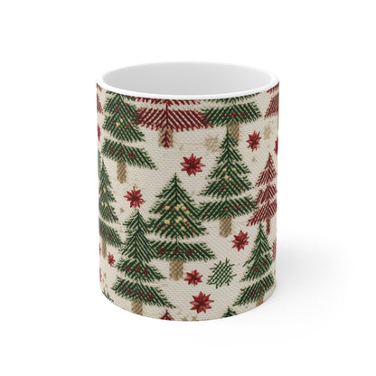 Invierno navideño bordado, costuras festivas, diseño clásico de temporada - Taza de cerámica de 11 oz 