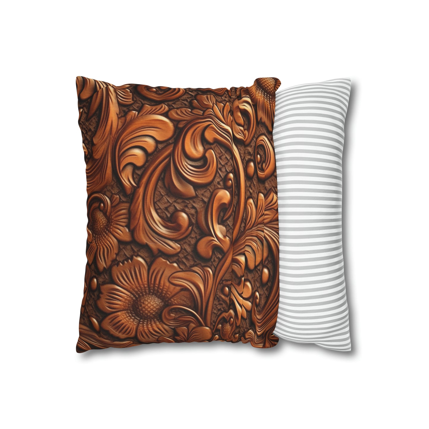 Leather Flower Cognac Classic Brown Timeless American Cowboy Design - Spun Polyester Square Pillow Case