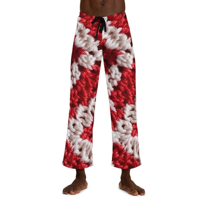 Cálido punto de crochet rojo y blanco de invierno: diseño de textura elegante y cinematográfico - Pantalones de pijama para hombre (AOP) 