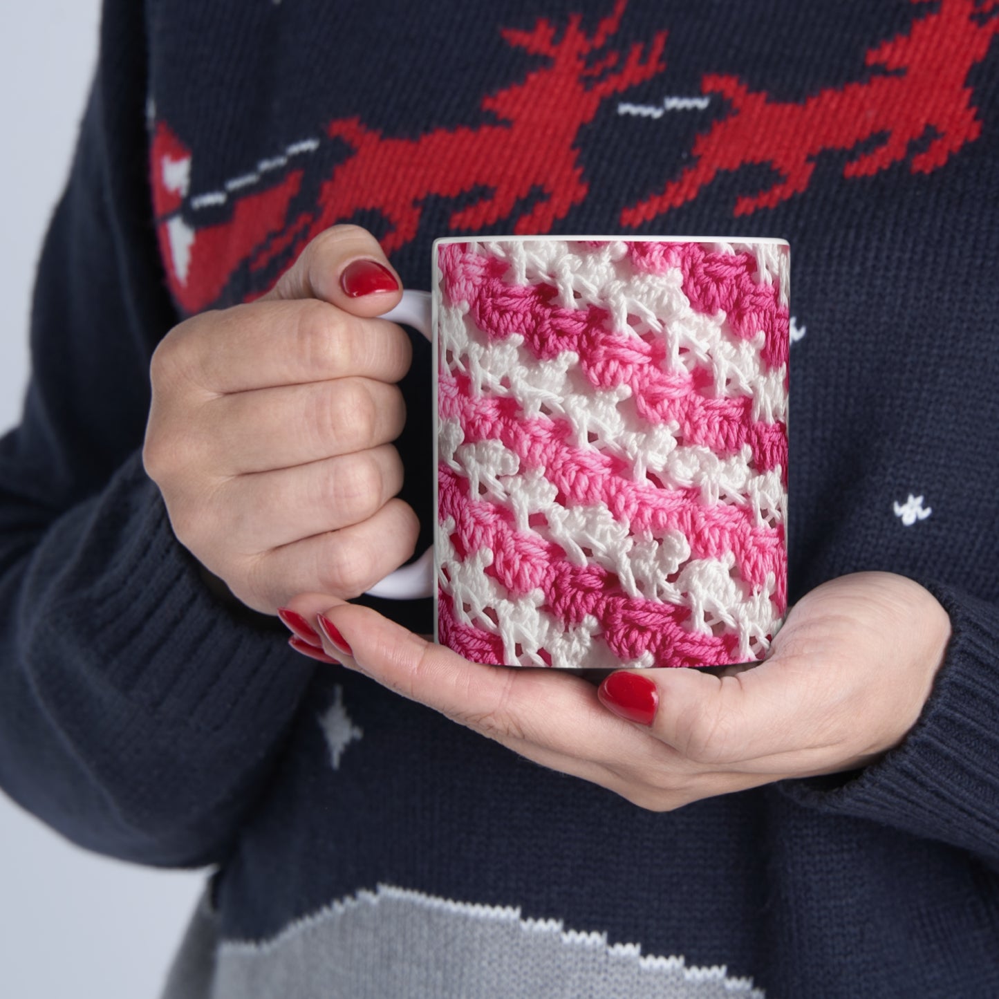 Hot Pink & White Knit, Vibrant Yarn Blend, Modern Chic Texture - Ceramic Mug 11oz