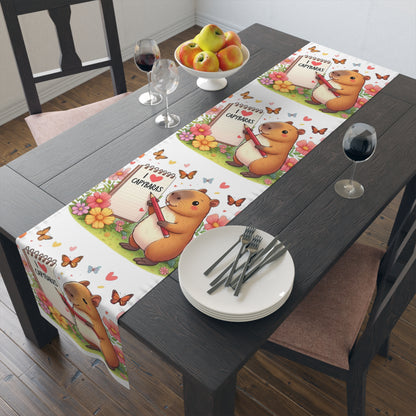 Capybara Holding Pencil and Notepad with I Love Capybaras, Cute Rodent Surrounded by Flowers and Butterflies, Table Runner (Cotton, Poly)