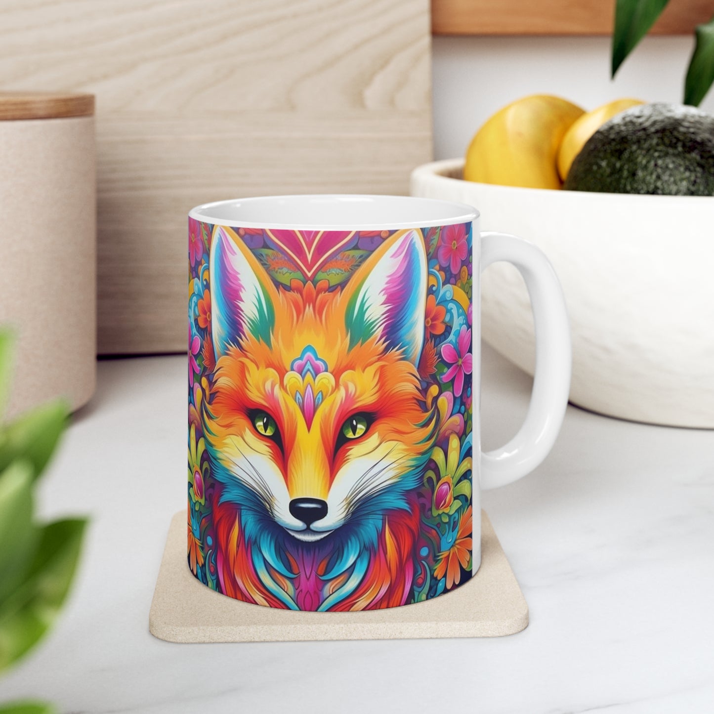 Diseño de zorro vibrante y colorido, animal único y llamativo - Taza de cerámica de 11 oz