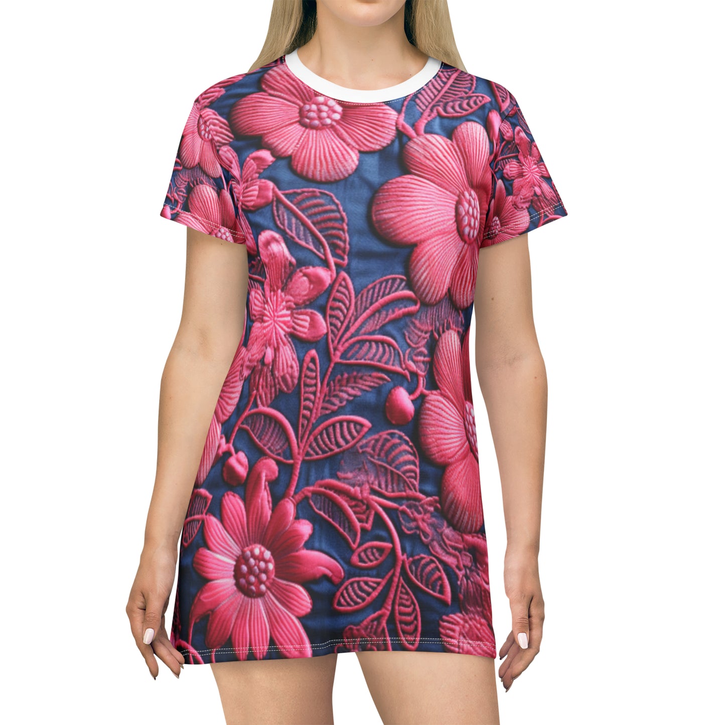 Denim Blue Doll Pink Floral Embroidery Style Fabric Flowers - T-Shirt Dress (AOP)