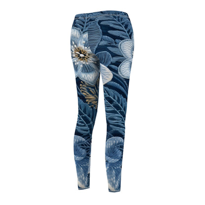 Flower Blossom Embroidery Floral on Denim Style - Women's Cut & Sew Casual Leggings (AOP)