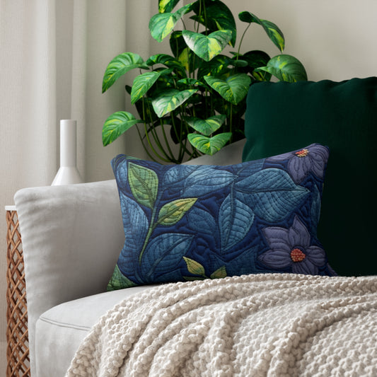 Floral Embroidery Blue: Denim-Inspired, Artisan-Crafted Flower Design - Spun Polyester Lumbar Pillow