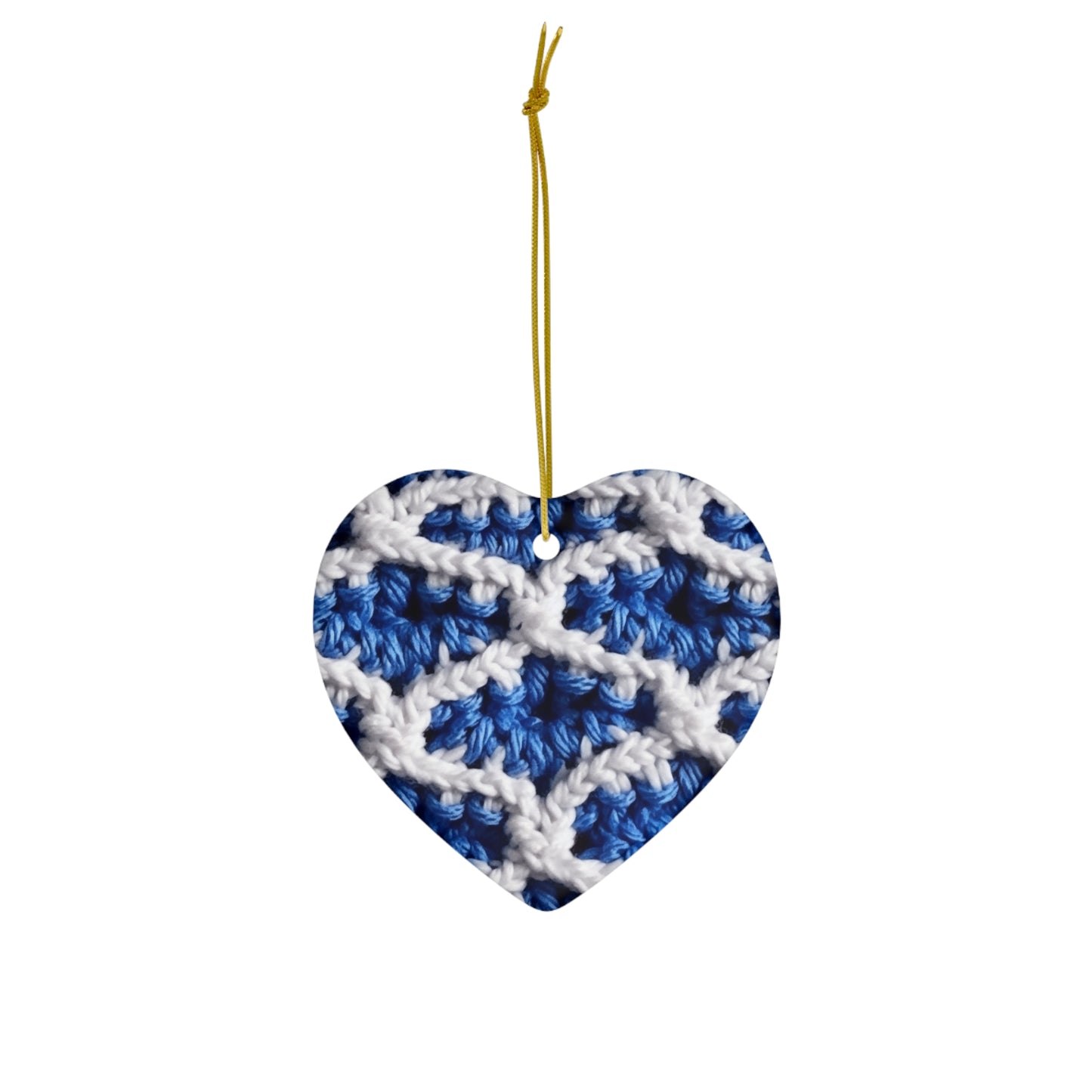 Blueberry Blue Crochet, White Accents, Classic Textured Pattern - Ceramic Ornament, 4 Shapes