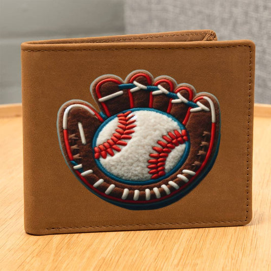 Baseball Sport Mitt and Glove, Chenille Patch Graphic, Leather Wallet