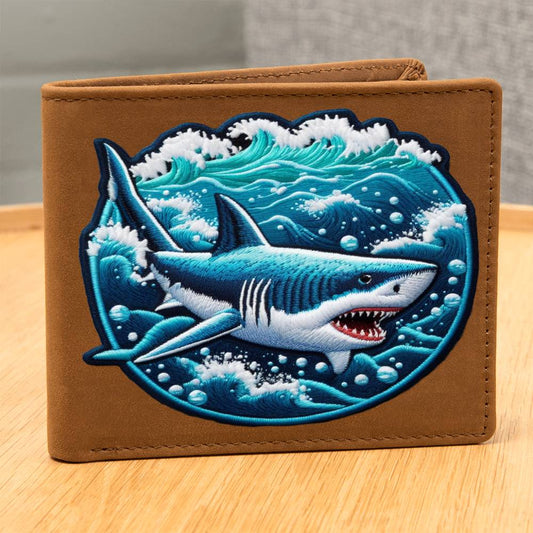 Blue Ocean Shark, Chenille Patch Graphic, Leather Wallet