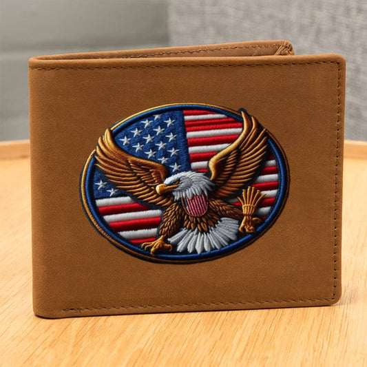 Bald Eagle USA Flag, American Chenille Patch Graphic, Leather Wallet