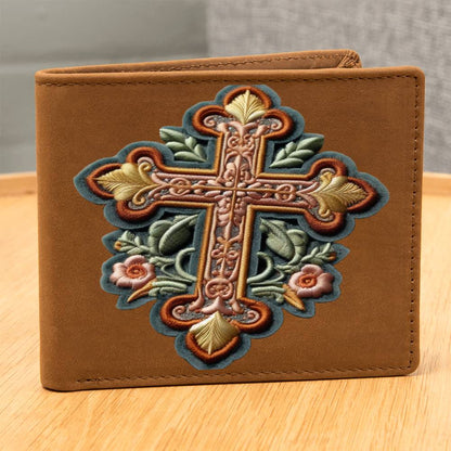 Cruz de fe cristiana, gráfico de parche de chenilla, cartera de cuero