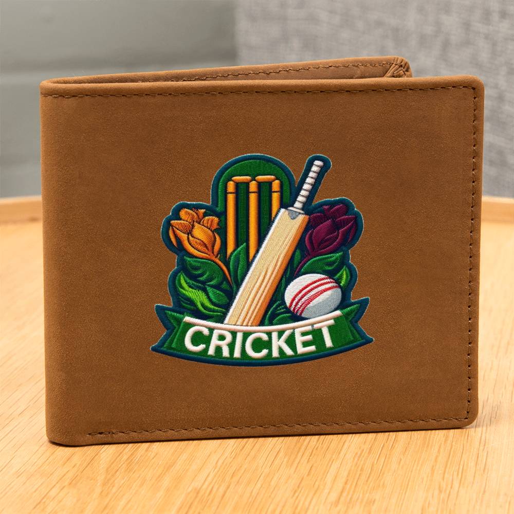 Cricket Sport, gráfico de parche de chenilla, cartera de cuero