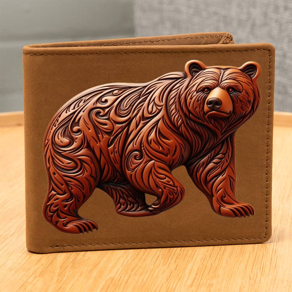 Grizzly Bear, Brown Tooled Leather Graphic, Leather Wallet