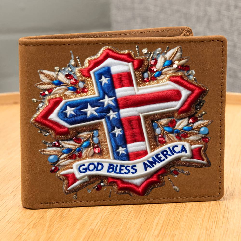 God Bless America, Christian Faith Cross, USA Patriotic, Chenille Patch Graphic, Leather Wallet