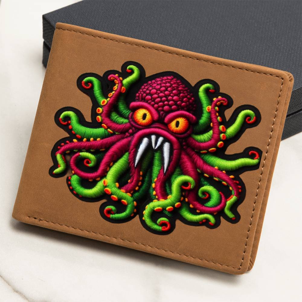 Alien Octopus Kraken, Chenille Patch Graphic, Leather Wallet